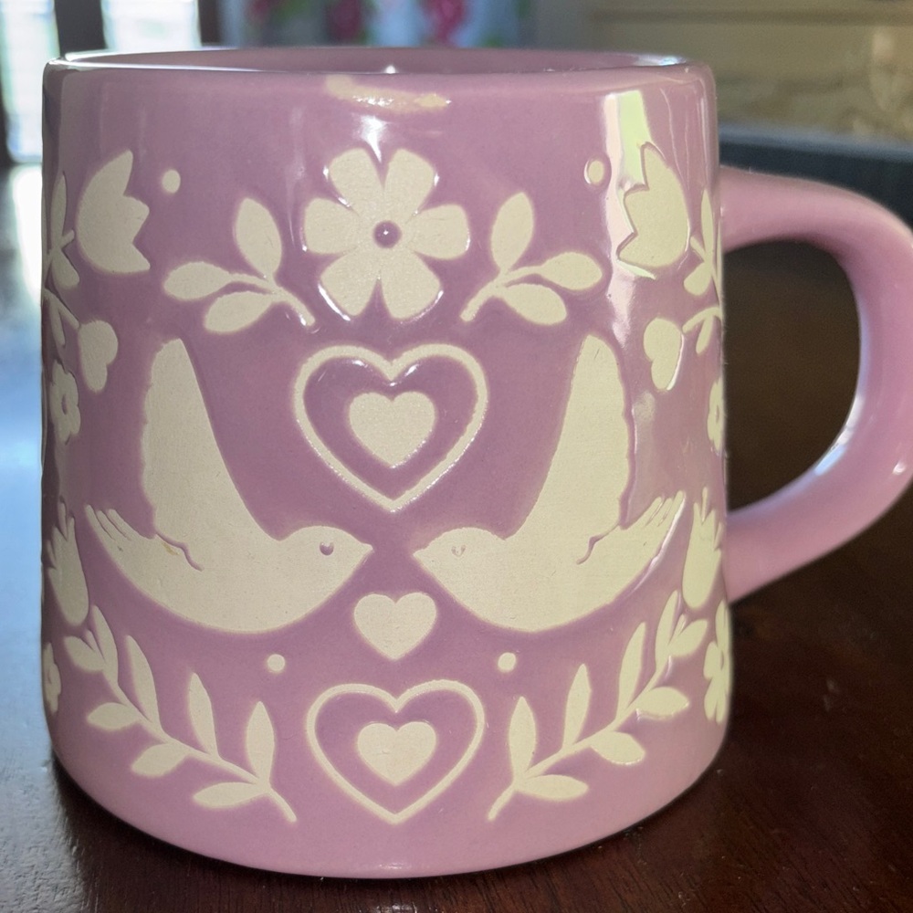 Charming Lilac Mug with Cream Floral and Bird Design